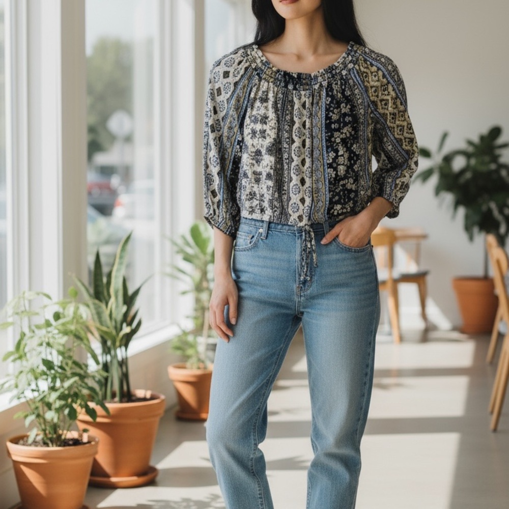 Sky and Sparrow Blue and Cream Patterned Top
